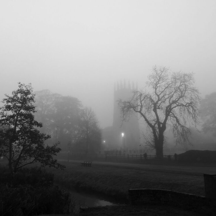 A foggy scene with trees, a church tower, and dimly lit street lamps in the background.